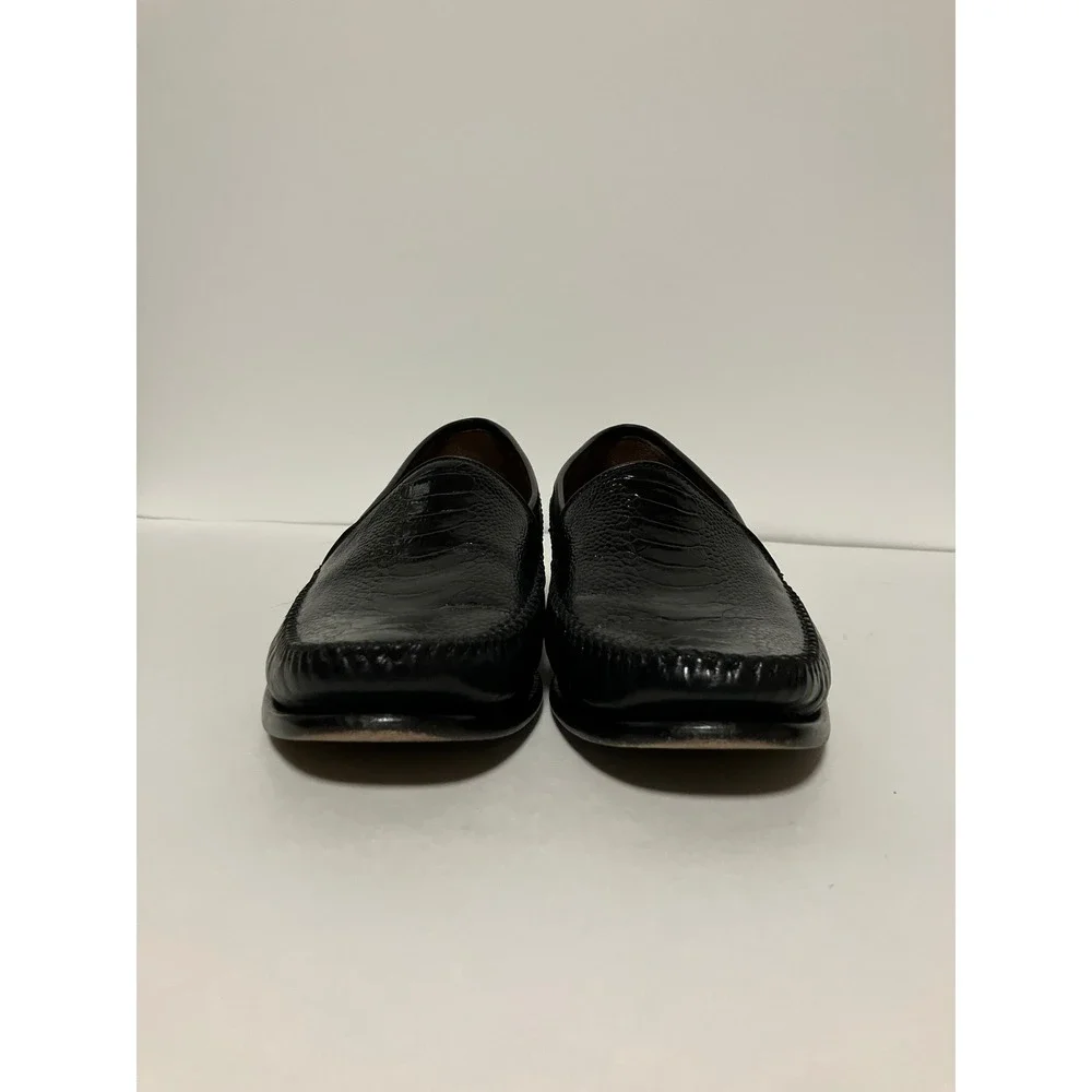 Johnston & Murphy Mens Ostrich Embossed Loafers 9.5M Black Leather Dress Shoes